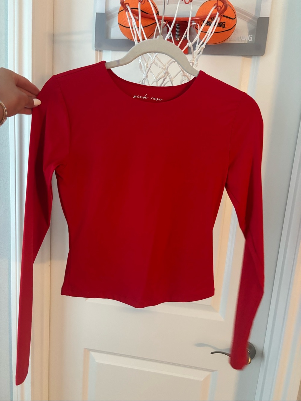 Pink Rose Long Sleeve Red Crewneck Top